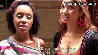 Two european babes gets convinced and paid for threesome sex porn video